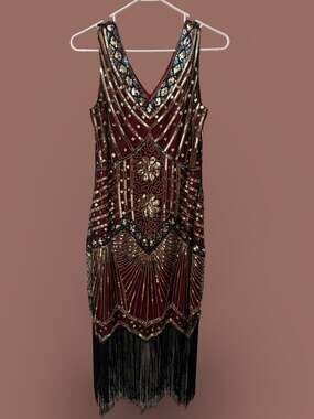 Babeyond 1920s Flapper Dress Burgundy Gold Sequin V-Neck Gatsby